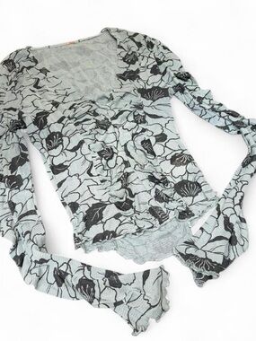 Free People Mint Green and Black Floral Long Sleeve Blouse